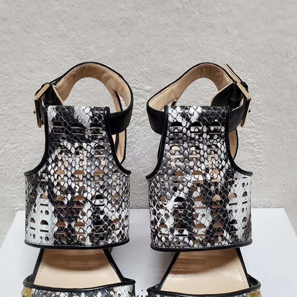 CALVIN Klein Vallin Black White Snakeskin Laser Strap Platform Block Heel Sandal